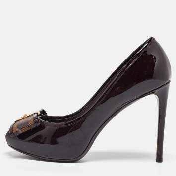 Pre Owned Louis Vuitton Burgundy Patent Leather Bow Peep Toe Pumps Size 37.5