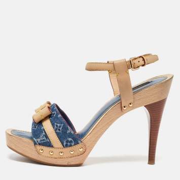 Pre Owned Louis Vuitton Beige/Blue Monogram Denim AND Leather Bow Ankle Strap Sandals Size 39.5