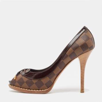 Pre Owned Louis Vuitton Brown Damier Ebene Canvas Palm Beach Pumps Size 37
