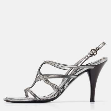 Pre Owned Louis Vuitton Silver Leather Ankle Strap Sandals Size 36.5