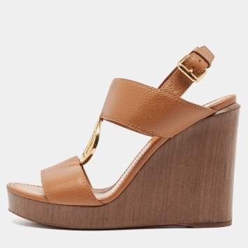 Pre Owned Louis Vuitton Brown Leather Vedette Wedge Sandals Size 40
