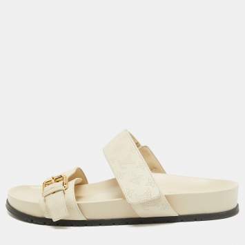 Pre Owned Louis Vuitton Cream Perforated Monogram Leather Bom Dia Slides Size 40