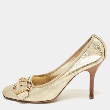 Pre Owned Louis Vuitton Gold Leather Square Toe Buckle Pumps Size 37