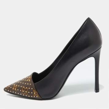 Pre Owned Louis Vuitton Black/Brown Leather and Studded Monogram Canvas Pointed Toe Pumps Size 37.5