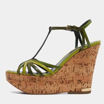 Pre Owned Louis Vuitton Green Patent Leather Summertime Cork Wedge Sandals Size 38
