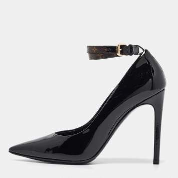 Pre Owned Louis Vuitton Black Patent Leather Ankle Strap Pumps Size 36.5