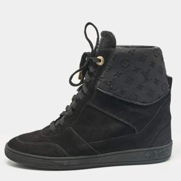 Pre Owned Louis Vuitton Black Neoprene and Suede Wedge Sneakers Size 38