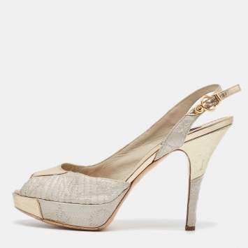 Pre Owned Louis Vuitton Grey/Gold Leather and Satin Peep Toe Pumps Size 37