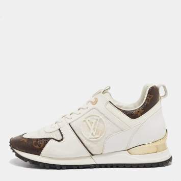 Pre Owned Louis Vuitton White/Brown Monogram Canvas and Leather Run Away Sneakers Size 39