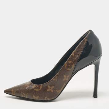 Pre Owned Louis Vuitton Black Monogram Canvas and Patent Leather Chérie Pumps Size 37.5