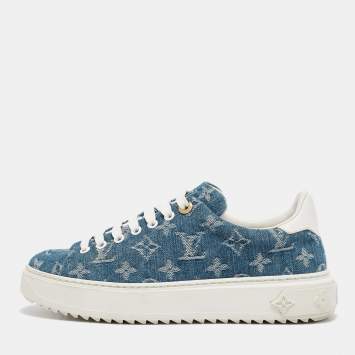 Pre Owned Louis Vuitton Blue Denim and Leather Time Out Lace Up Sneakers Size 37.5