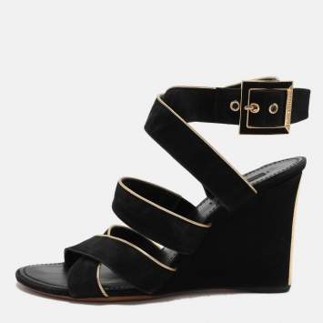 Pre Owned Louis Vuitton Black/Gold Suede and Leather Wedge Sandals Size 39