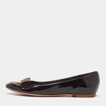 Pre Owned Louis Vuitton Amarante Vernis and Damier Ebene Canvas Logo Ballet Flats Size 35