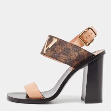 Pre Owned Louis Vuitton Beige/Brown Monogram Canvas and Leather Passenger Ankle Strap Sandals Size 38