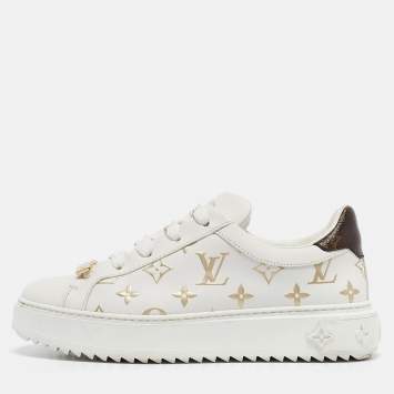 Pre Owned Louis Vuitton White/Gold Monogram Leather Time Out Sneakers Size 37.5