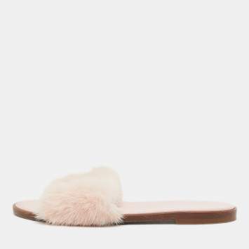 Pre Owned Louis Vuitton Pink Mink Fur Lock It Flat Slide Sandals Size 37