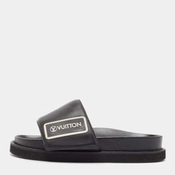 Pre Owned Louis Vuitton Black Leather Sunset Slide Sandals Size 37