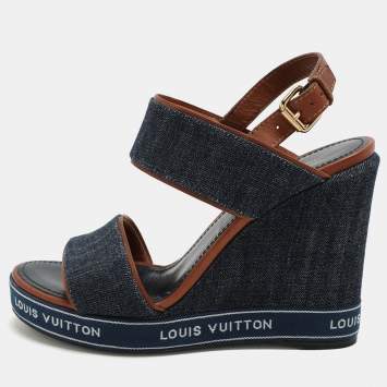 Pre Owned Louis Vuitton Blue Denim Wedge Ankle Strap Sandals Size 39