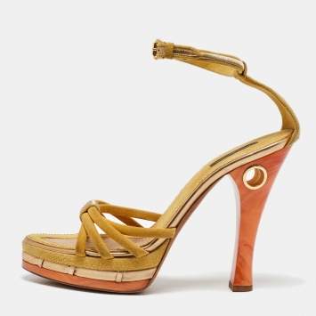 Pre Owned Louis Vuitton Yellow Suede Cleo Pompeii Platform Ankle Strap Sandals Size 40