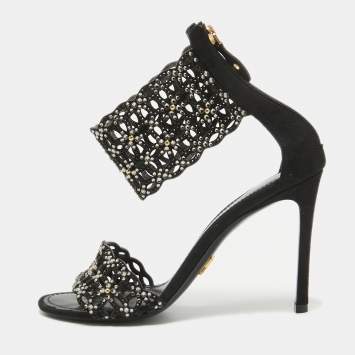 Pre Owned Louis Vuitton Black Suede Crystal Embellished Ankle Strap Sandals Size 38.5