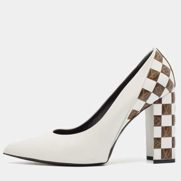 Pre Owned Louis Vuitton White/Brown Monogram Canvas and Leather Block Heel Pumps Size 41