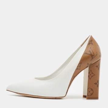 Pre Owned Louis Vuitton White/Brown Leather and Monogram Canvas Matchmake Pumps Size 36.5
