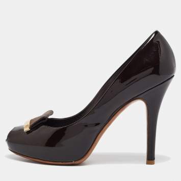 Pre Owned Louis Vuitton Dark Brown Patent Leather Peep Toe Pumps Size 36.5