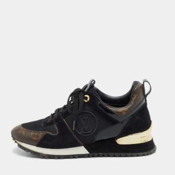 Pre Owned Louis Vuitton Black/Brown Mesh and Monogram Canvas Run Away Sneakers Size 36