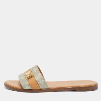 Pre Owned Louis Vuitton Brown/Beige Fabric and Leather Lock It Flat Sandals Size 37
