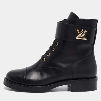 Pre Owned Louis Vuitton Black Leather Wonderland Flat Ranger Combat Boots Size 40