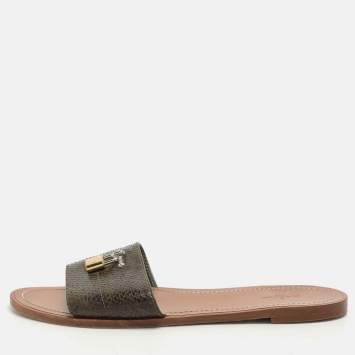 Pre Owned Louis Vuitton Olive Green Python Lock It Flat Slides Size 42