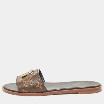 Pre Owned Louis Vuitton Brown Monogram Canvas Lock It Flat Slides Size 37