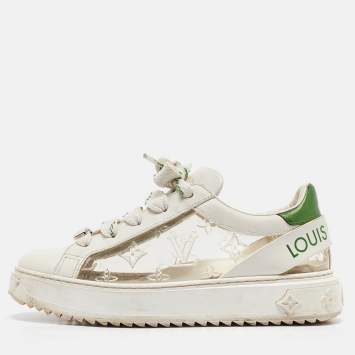 Pre Owned Louis Vuitton White/Green Monogram Leather and PVC Time Out Sneakers Size 38