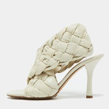 Pre Owned Bottega Veneta Off White Intrecciato Leather Board Slingback Sandals Size 40