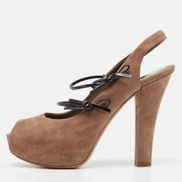 Pre Owned Louis Vuitton Brown Nubuck Leather Bow Detail Peep Toe Slingback Pumps Size 36 