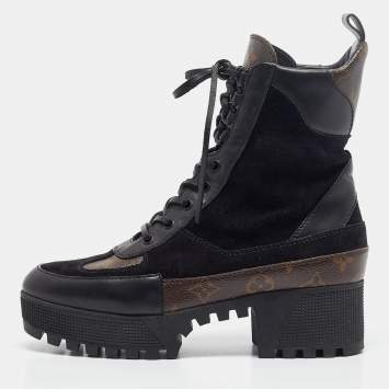 Pre Owned Louis Vuitton Black Suede and Monogram Canvas Laureate Desert Boots Size 39