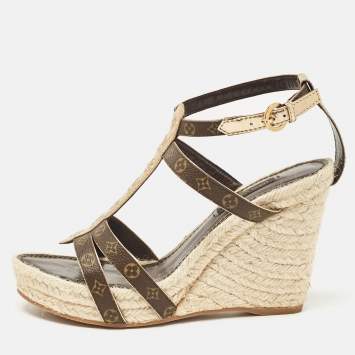 Pre Owned Louis Vuitton Gold Monogram Canvas and Leather Bahamas Wedge Sandals Size 37