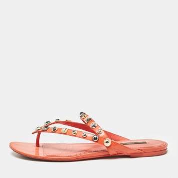 Pre Owned Louis Vuitton Orange Patent Leather Studded Thong Flats Size 40