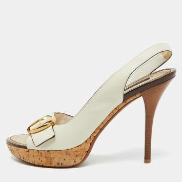 Pre Owned Louis Vuitton White Leather Buckle Cork Platform Slingback Sandals Size 40