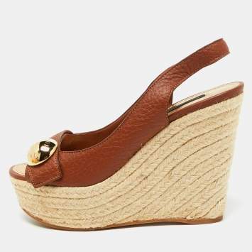 Pre Owned Louis Vuitton Brown Leather Espadrille Platform Wedge Slingback Sandals Size 39