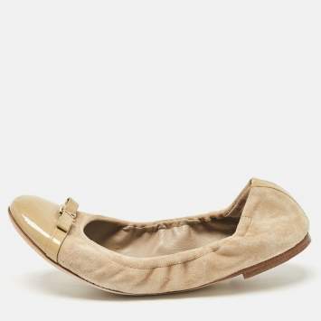 Pre Owned Louis Vuitton Beige Patent Leather and Suede Elba Scrunch Ballet Flats Size 37