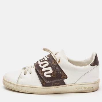 Pre Owned Louis Vuitton White/Brown Monogram Canvas and Leather Frontrow Sneakers Size 36