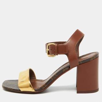 Pre Owned Louis Vuitton Brown/Gold Leather Bloom Ankle Strap Sandals Size 39