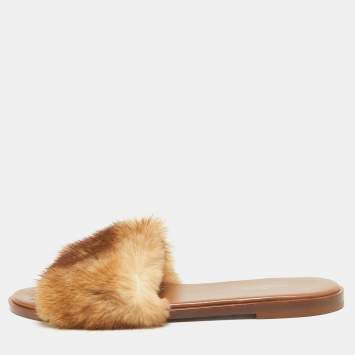 Pre Owned Louis Vuitton Brown/Beige Mink Fur Lock It Flat Slides Size 40