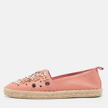 Pre Owned Louis Vuitton Pink Leather Tropical Bloom Espadrille Flats Size 36.5