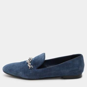 Pre Owned Louis Vuitton Blue Suede Embellished Loafers Size 39