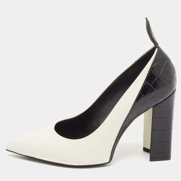 Pre Owned Louis Vuitton White Croc Embossed Leather and Leather Matchmake Block Heel Pumps Size 38
