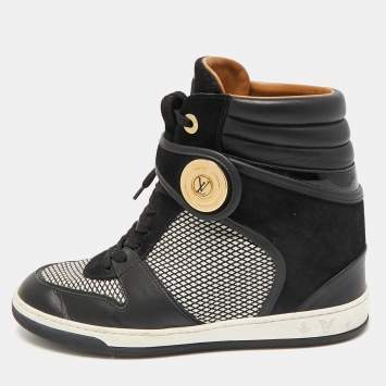 Pre Owned Louis Vuitton Black Leather and Fabric Postmark Wedge Sneakers Size 37.5
