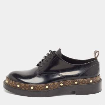 Pre Owned Louis Vuitton Black/Brown Monogram Canvas And Patent Leather Derby Size 39.5