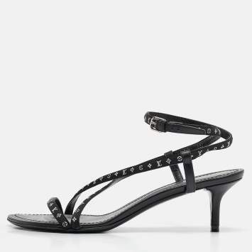 Pre Owned Louis Vuitton Black Canvas and Leather Ankle Strap Sandals Size 36.5